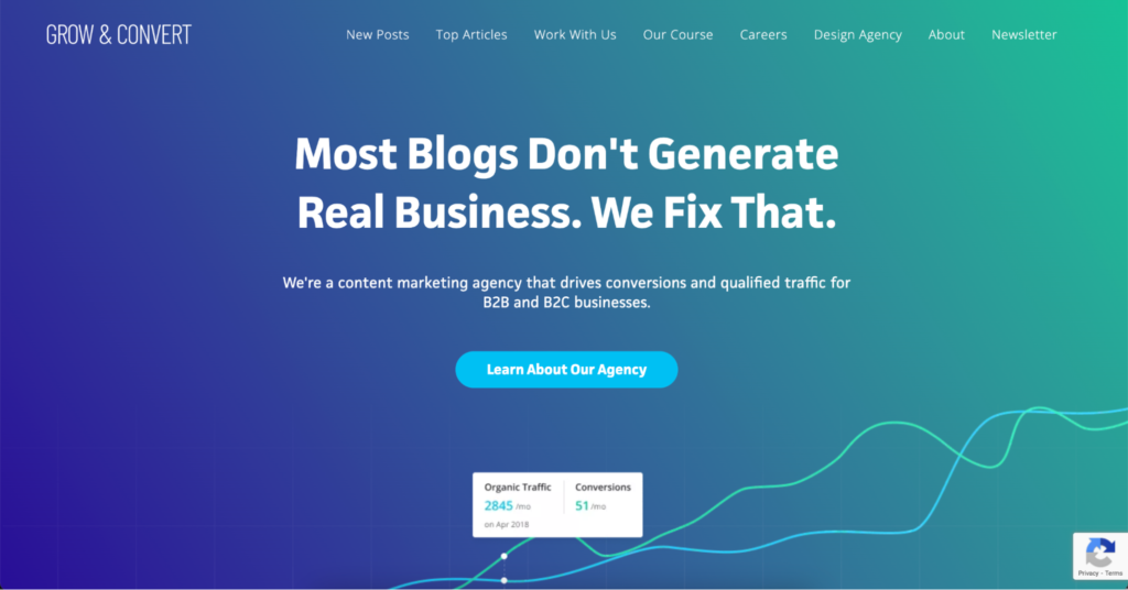 A website that says "most blogs don't generate real business. We fix that." with a button that says "learn about our agency."