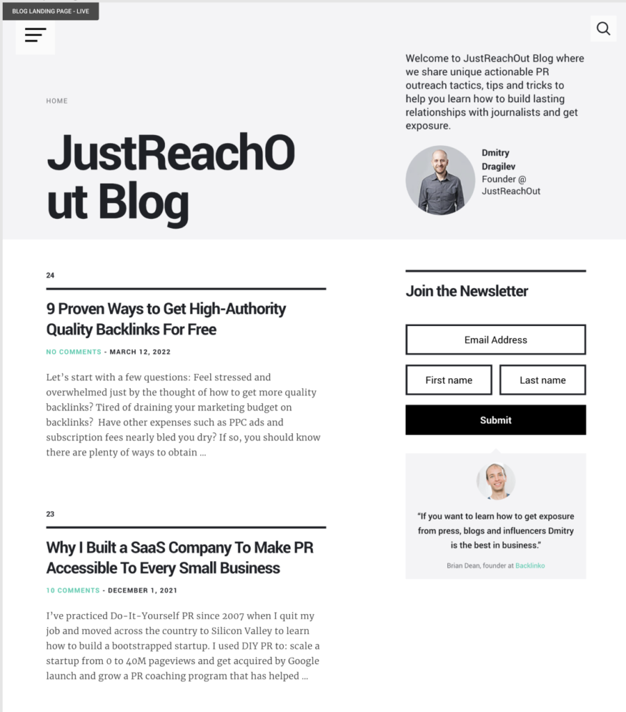 A before image of the JustReachOut blog homepage.